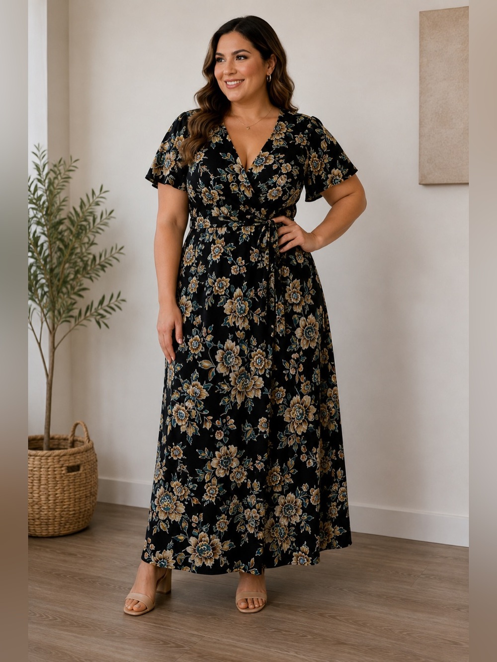 FORTUNE + IVY-Faux Wrap Maxi Dress - Black with Cream & Blue Floral